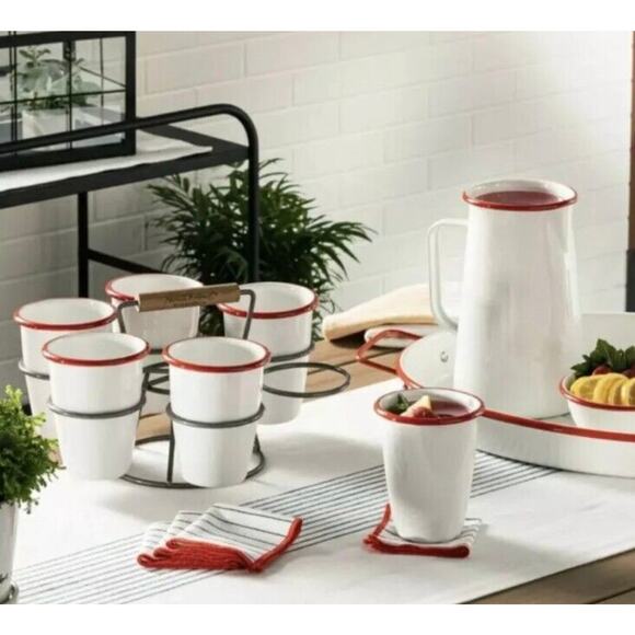 Hearth and Hand Magnolia 7 Piece 18oz Enamel Glass Mug Drink Cocktail Caddy Set - Picture 7 of 8